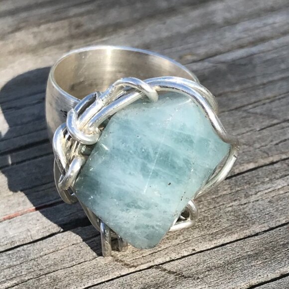 Blue Aquamarine Ring Sterling Silver 925 Statement Cigar Band Bohemian Cocktail